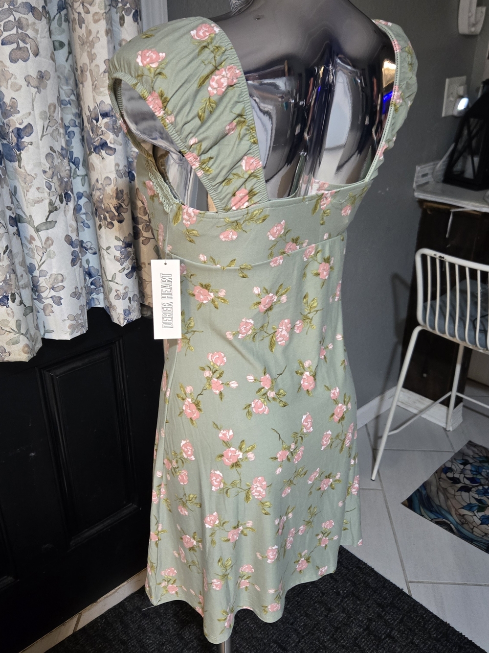 Derek Heart Sage Green Floral Mini Dress with Pink Roses - Picture 4 of 7